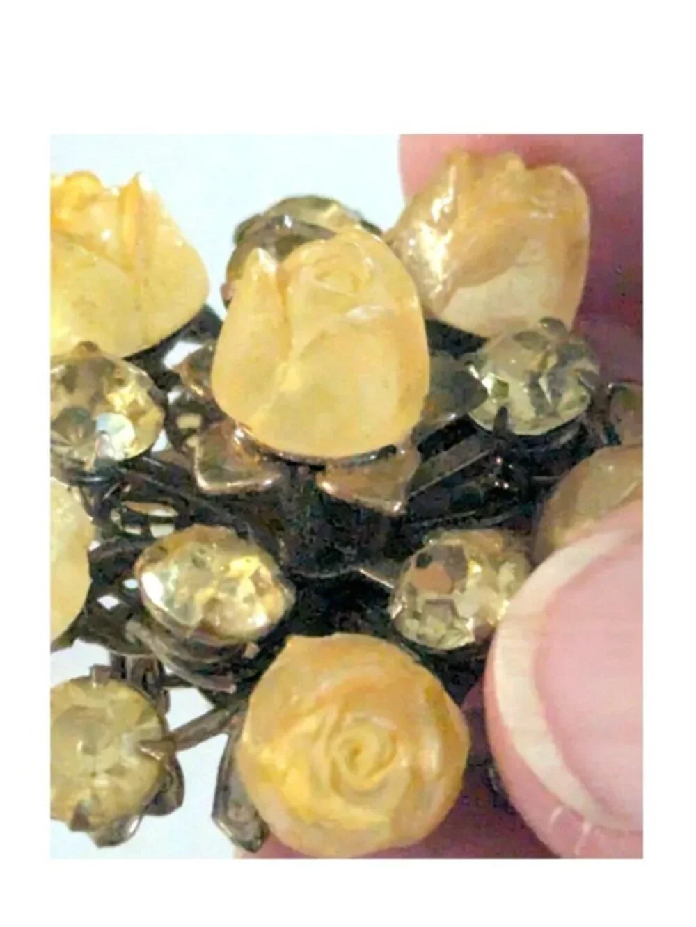 Vintage Floral Cluster Brooch Pale Yellow Rose Buds & Round Rhinestones Riveted